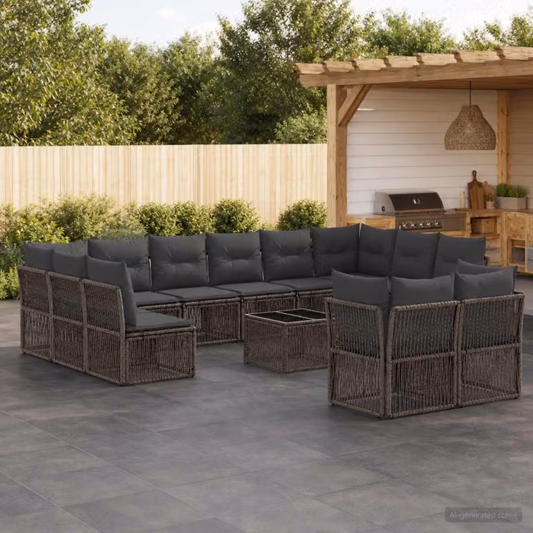 Set Divano da Giardino vidaXL a forma a U in Polyrattan Grigio con Tavolino e Cuscini