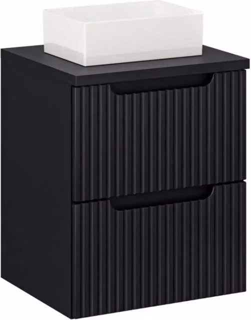 Set VANO 50cm: mobile sotto lavabo con cassetti + piano per lavabo nero opaco + lavabo rettangolare da appoggio bianco