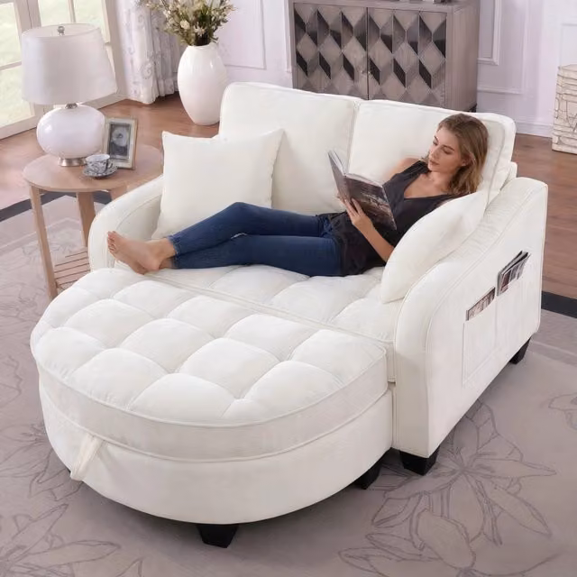 Divano Letto 2 in 1 Beige 132x129x93 cm in Ciniglia con Pouf Contenitore e Telaio in Eucalipto
