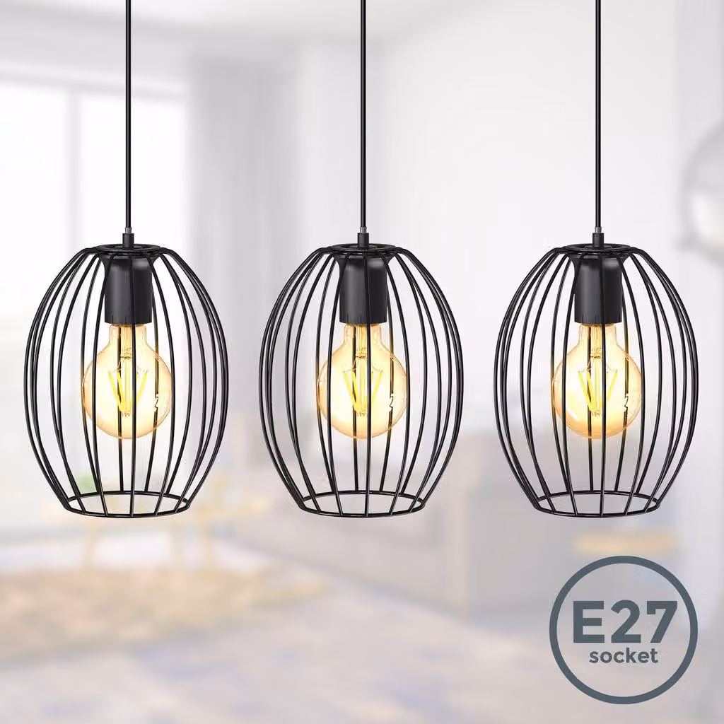 B.K.Licht Lampadario vintage, adatto per 3 lampadine E27 non incluse, largo 70cm, alto 112cm, lampada a sospensione con paralumi a filo, metallo nero