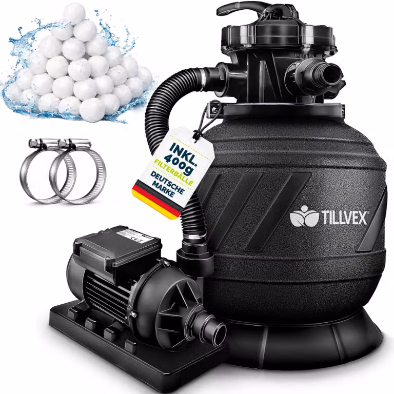 Impianto di filtrazione a sabbia tillvex® per piscina 7.900 l/h, incl. 400 g di sfere filtranti | Impianto di filtrazione con valvola a 7 vie e adattatore 2 in 1 Ø 32 mm - 38 mm | Filtro per piscina con manometro | Filtro a sabbia per piscine AquaBlack Pr