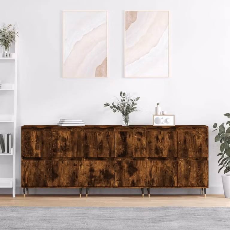 Set di 3 credenze vidaXL in legno multistrato color rovere fumo e metallo