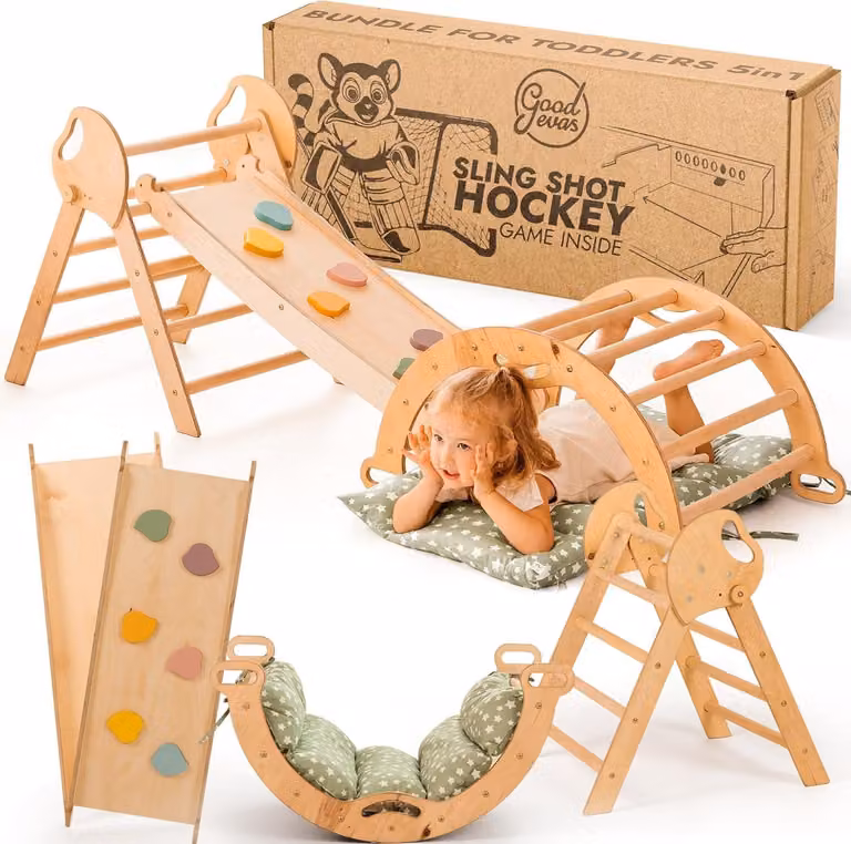 Struttura da arrampicata in legno 5 in 1 Goodeva, parco giochi Montessori da interno, 1-3 anni