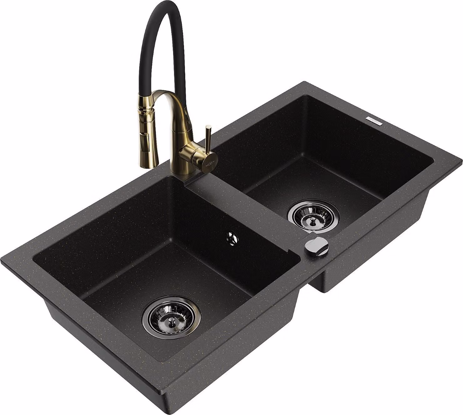 Mexen Mario lavello in granito a 2 vasche con miscelatore da cucina Aster, nero/oro metallizzato - 6504-75-73450-57-B