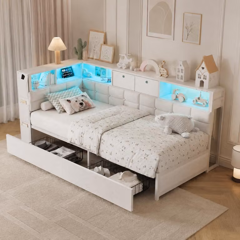 Letto imbottito INONEFT, divano letto 90x200 cm, letto singolo con LED e USB, letto contenitore con testiera e cassetti, letto per ragazzi, struttura del letto, tessuto, bianco