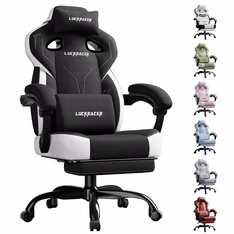 LUCKRACER sedia da gioco, sedia da ufficio con braccioli collegati, cuscino in memory foam, angolo di inclinazione di 90-155° e poggiapiedi, tessuto funzionale e resistente