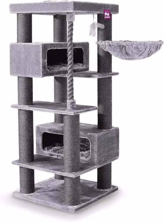 Grande struttura per gatti XXL - Robusta struttura composta da tronchi di legno lunghi 190 cm - Albero da arrampicata grigio
