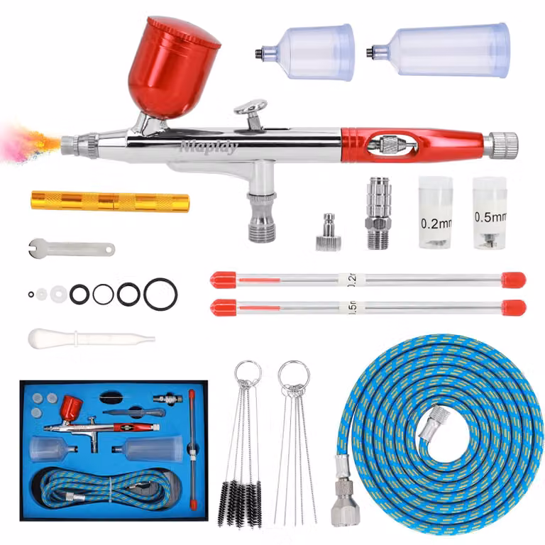 Kit per aerografo, a doppia azione, con ugelli da 0,2/0,3/0,5 mm e contenitori da 10/20/40 cc