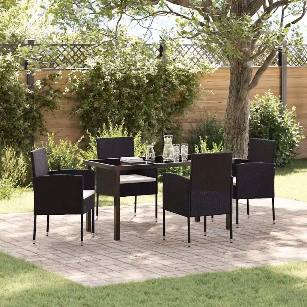 Set da pranzo per giardino e terrazzo vidaXL in polyrattan e vetro nero con tavolo quadrato e 5 sedie