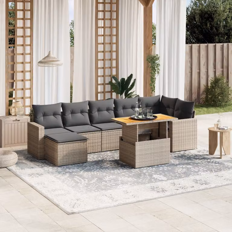 vidaXL Set Divano da Giardino 8 pz a L in Polyrattan Grigio con Cuscini e Tavolino