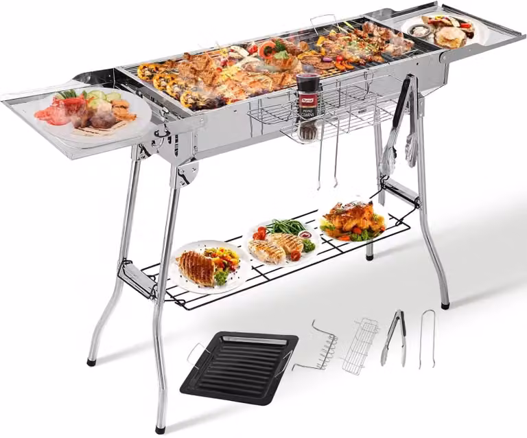 Griglia per barbecue in acciaio inossidabile, extra large, pieghevole, ideale per campeggio, dimensioni 122x30x75 cm, con padella antiaderente, aperture di ventilazione regolabili, colore argento