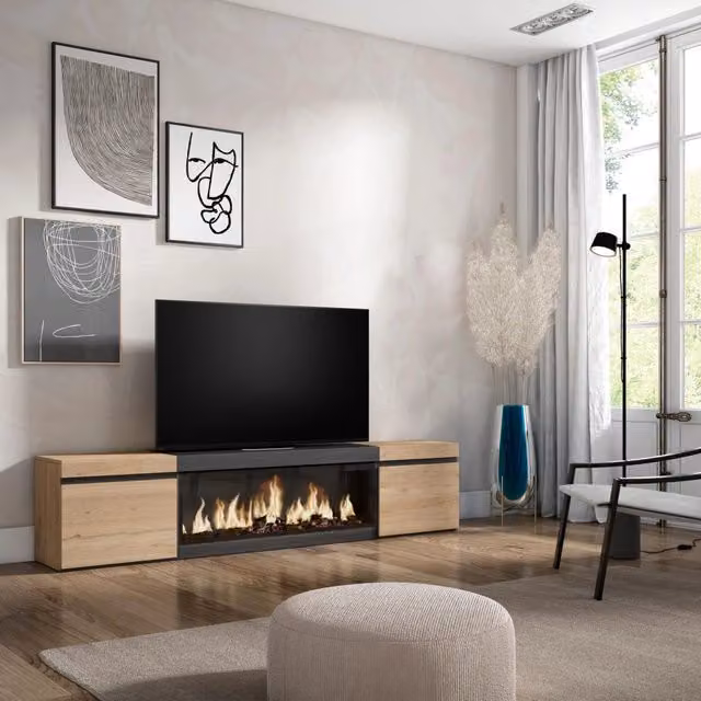 Mobile TV Soggiorno, 208x35x45cm, Per TV fino a 80", Camino elettrico XXL, colore Rovere e nero RF3265