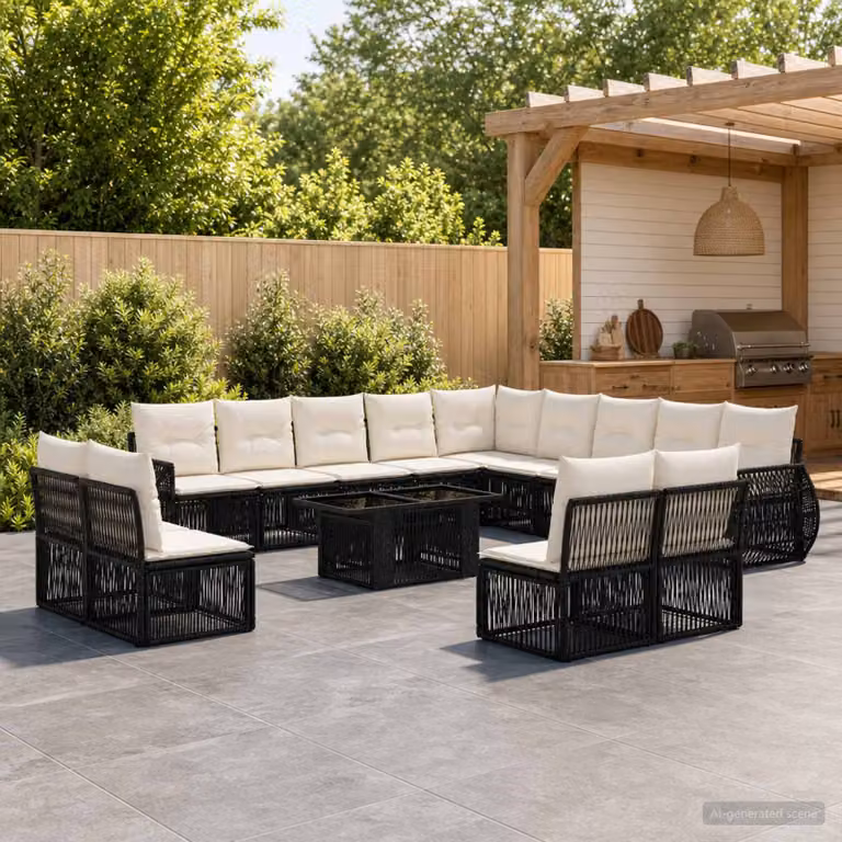 Set Divano da Giardino vidaXL 14 pz in Polyrattan con Cuscini e Tavolino, Nero e Bianco Crema