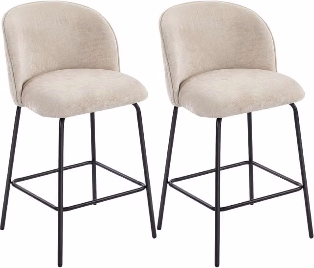 Set di 2 sgabelli da bar con schienale e poggiapiedi, sedie imbottite in tessuto beige con gambe in acciaio