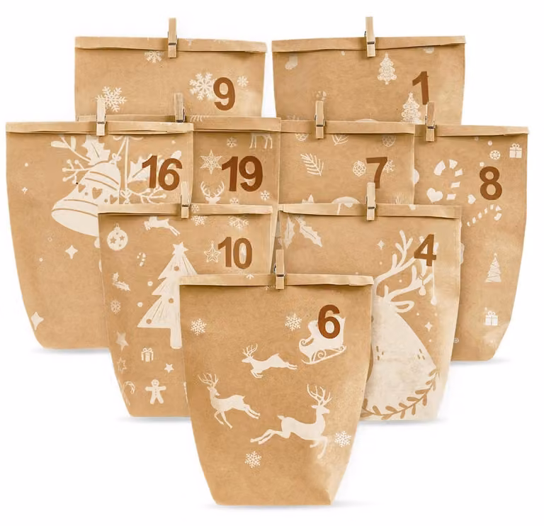 Calendario dell'Avvento da riempire, 24 sacchetti di carta resistente, Natale, bianco, 17 x 21,5 cm