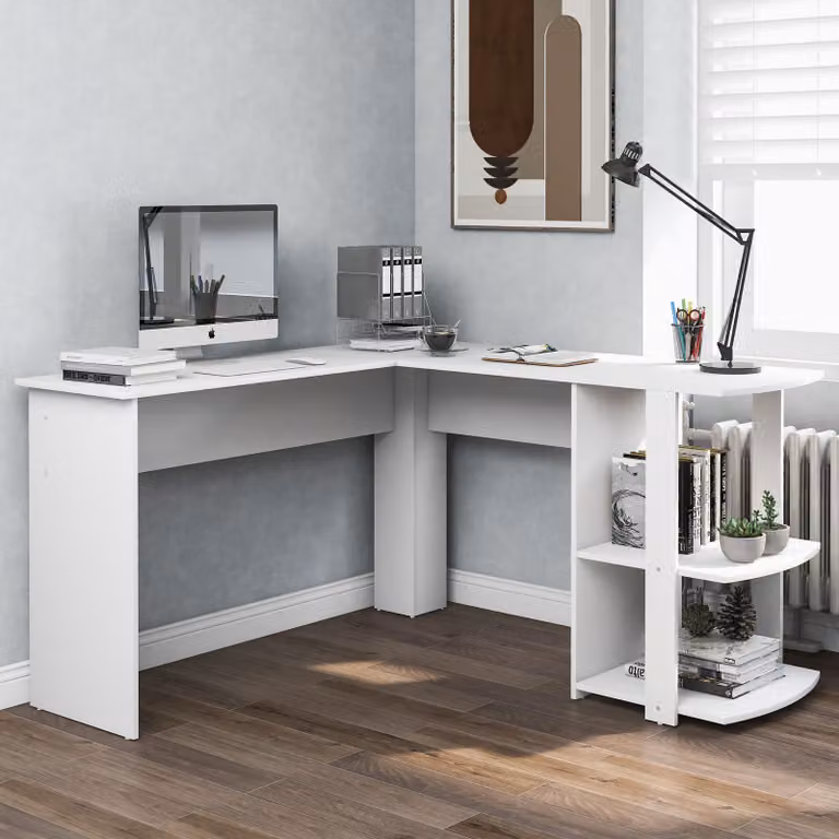 Flieks scrivania angolare a L, scrivania con ripiani, scrivania da ufficio con ripiano, tavolo da lavoro 140x140x75cm, bianco
