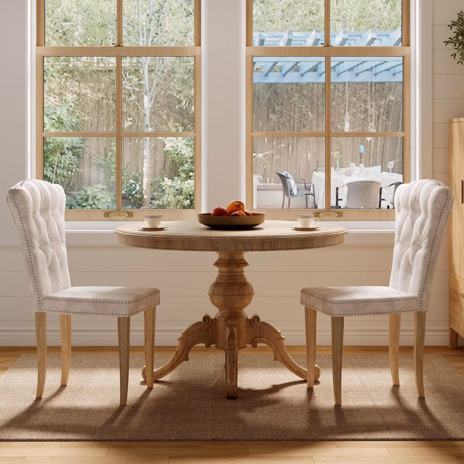 Set di 2 sedie da pranzo UnboxG, rivestite in velluto beige, con schienale alto, imbottitura a bottoni e dettagli in metallo. Sedie da pranzo confortevoli con schienale imbottito e gambe in legno massello