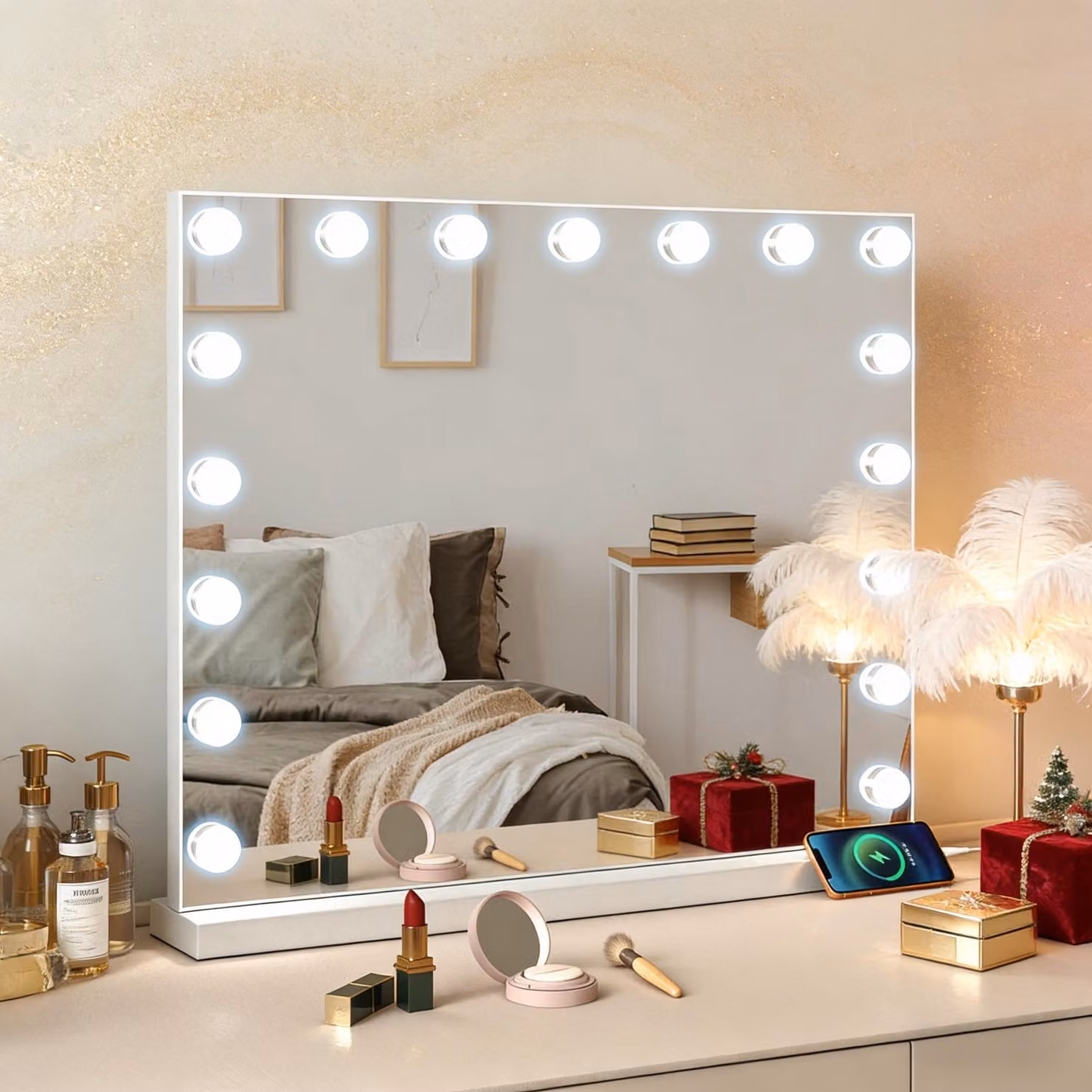 Specchio da trucco in stile Hollywood - Bianco - 17 luci LED - Intensità regolabile - In legno - Ideale per il comodino - Specchio da terra