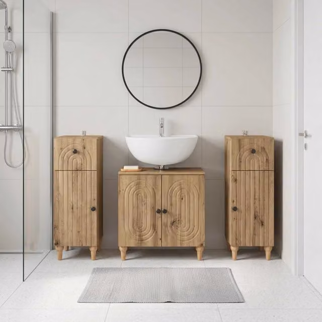 Set di mobili da bagno 3 pezzi vidaXL in legno marrone con mobile lavabo e armadietti laterali stile minimalista