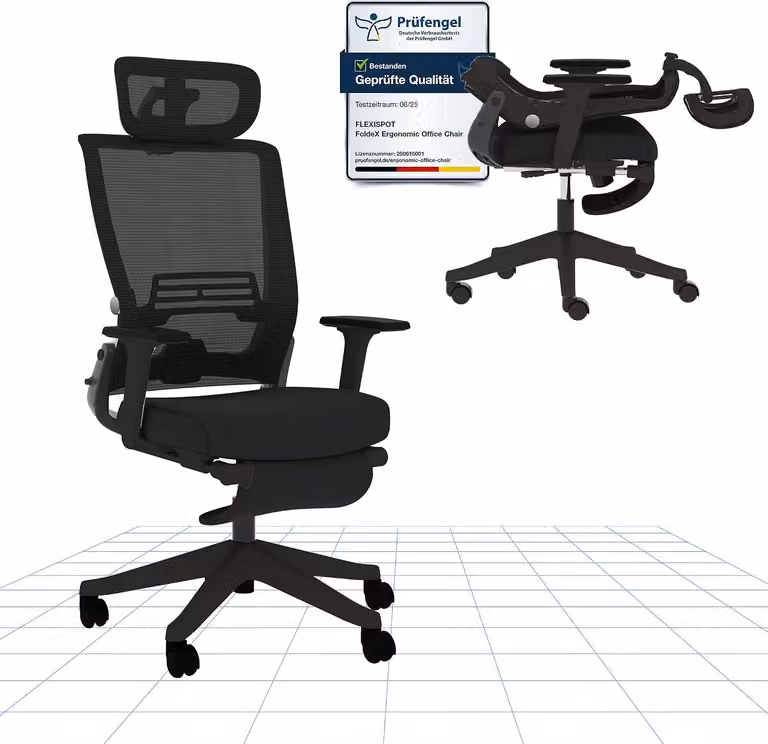 Sedia da ufficio FLEXISPOT Foldex: sedia ergonomica con schienale pieghevole, ideale per piccoli spazi e dotata di supporto lombare, con braccioli pieghevoli