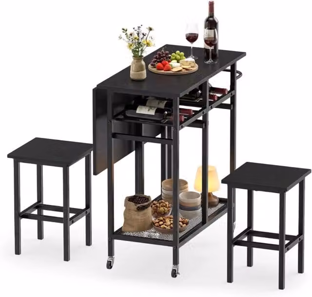 Set Tavolo da Pranzo Salvaspazio Estendibile Costway con 2 Sgabelli con Ruote e Portabottiglie, Nero – 1