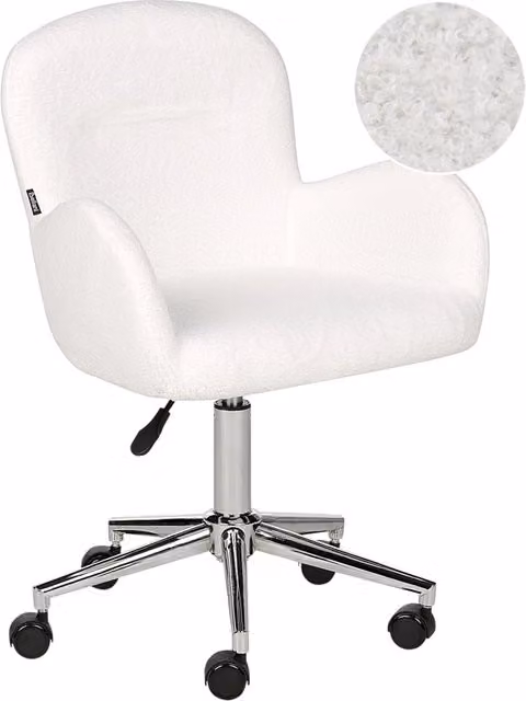Sedia da ufficio girevole BELIANI in tessuto bouclé bianco con braccioli e ruote, stile moderno per home office