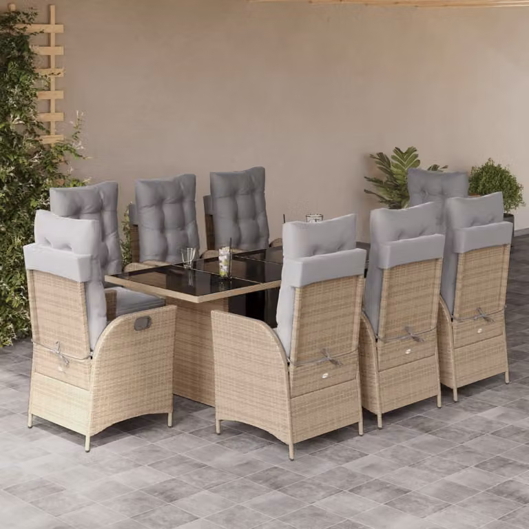 Set Pranzo da Giardino vidaXL in Polyrattan con Cuscini Beige e Grigio, 9 Pezzi