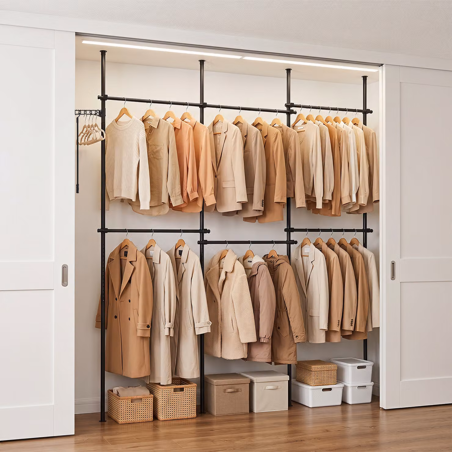 Barra appendiabiti da parete Costway in metallo pieghevole per ingresso e guardaroba, Nero, L: 210-369 cm x H: 110-315 cm