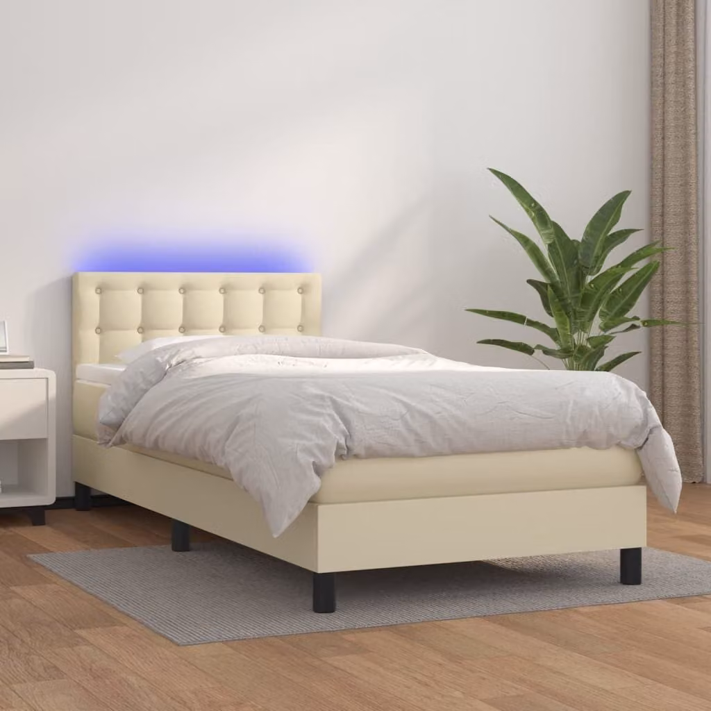 The Living Store Letto a molle con materasso e LED crema 90x200 cm in ecopelle