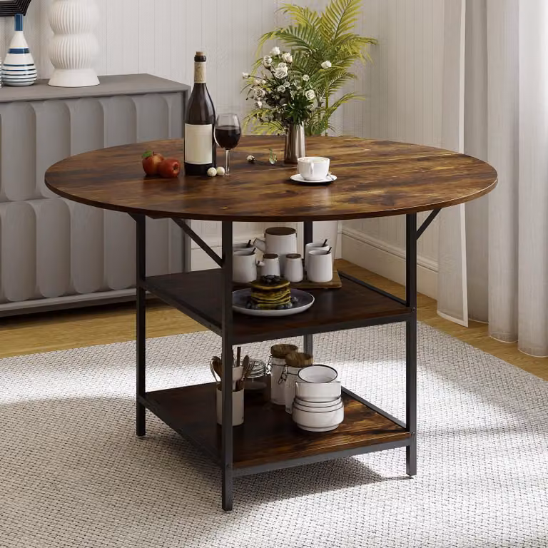 Tavolo da pranzo COSTWAY rotondo 120cm, tavolo da cucina in legno per 4 o 6 persone, con 2 ripiani, tavolino industriale, tavolino moderno (marrone vintage)