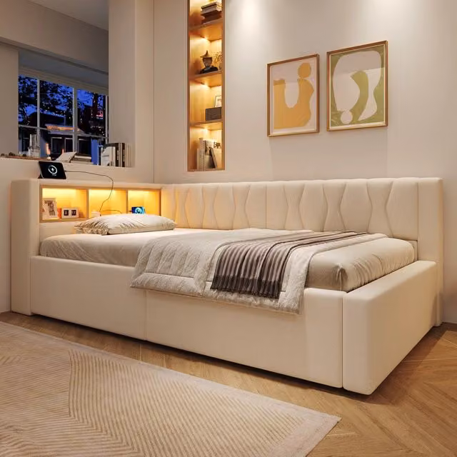 Divano letto contenitore imbottito 90 x 200 cm, daybed con contenitore idraulico, ripiano, LED regolabile e porta USB, beige