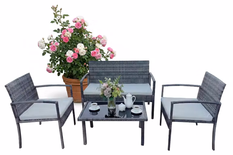 Set di mobili da giardino Relaxdays, set da salotto in rattan da 4 pezzi, per 4 persone, panca, sedie e tavolo in vetro, mobili da relax, da esterno, grigio