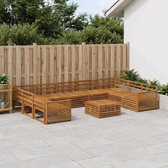 Set di divani da esterno vidaXL a forma di L in legno di acacia con cuscini beige e tavolino da caffè incluso – 1