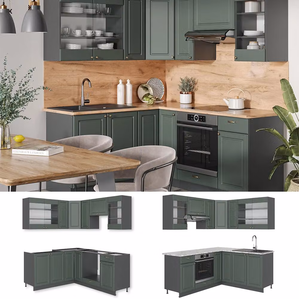 Cucina angolare completa Fame-Line Vicco Verde-oro rustico e Antracite L/P/H: 190 x 160 cm – 2