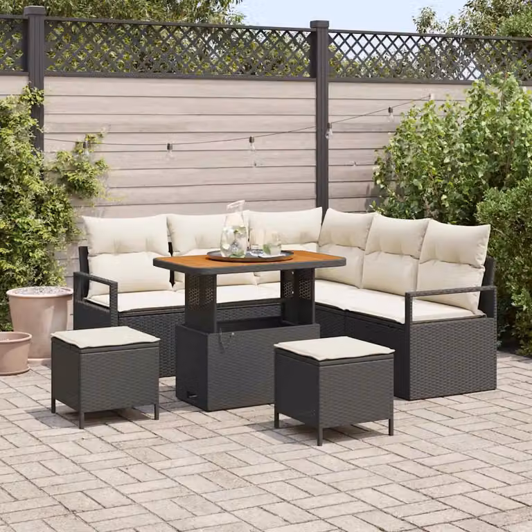 Set Divano da Giardino 8 Pezzi vidaXL Nero con Cuscini e Struttura in Metallo e Polyrattan