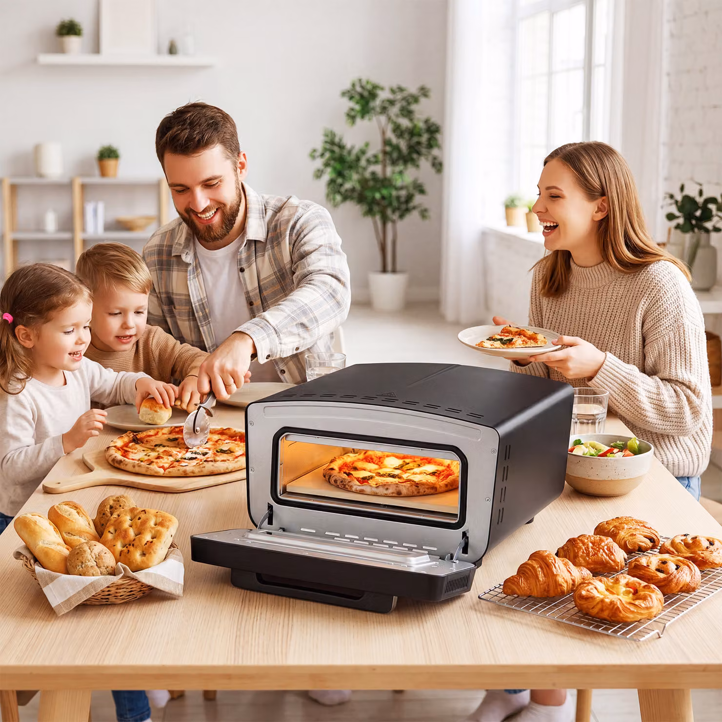 Forno elettrico per pizza da tavolo Costway con pietra e pala, 8 programmi e timer, colore argento e nero