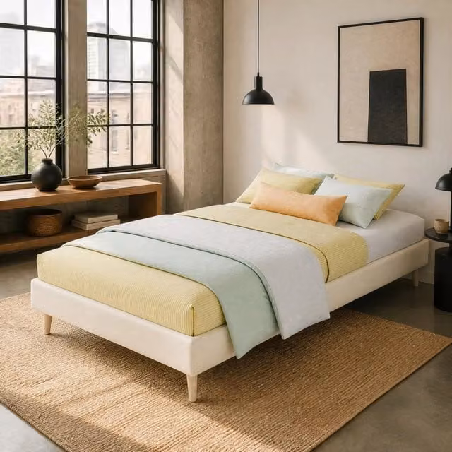Letto singolo per bambini MODFU in tessuto beige con struttura in metallo e testiera imbottita, L/P/H: 90 x 200 cm