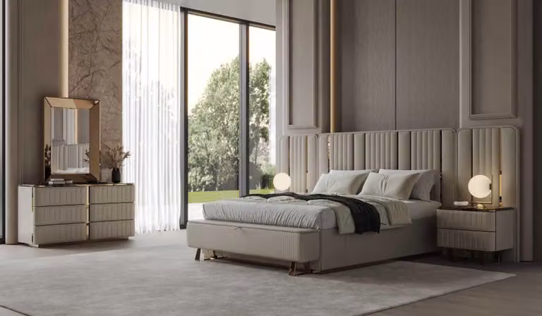 Beige Schlafzimmer Garnitur Doppelbett 2x Nachttische Schminktisch