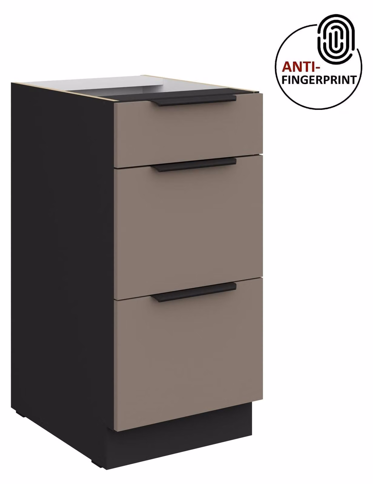 Mobile base da cucina da 40 cm, cucina ARIA grigio sabbia ultra opaco + nero opaco, frontali di alta qualità con rivestimento anti-impronta, mobile da cucina con chiusura ammortizzata