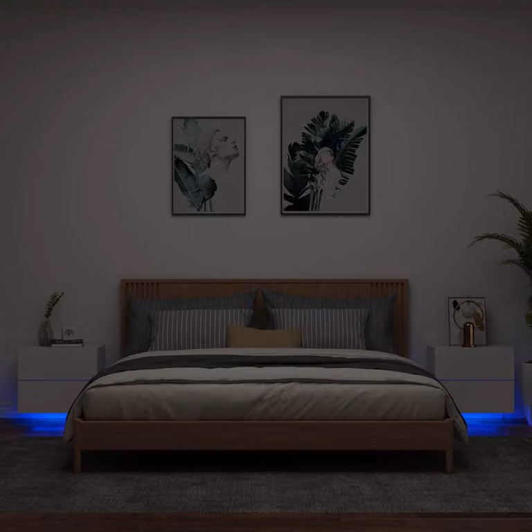 Set di 2 comodini da parete vidaXL con luci LED integrate, design moderno in legno, colore bianco