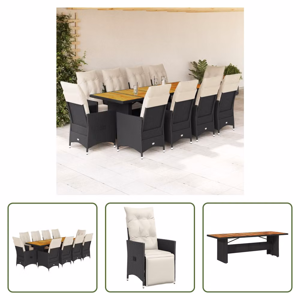 The Living Store Set bistrot da giardino da 11 pezzi con cuscini in poly rattan nero