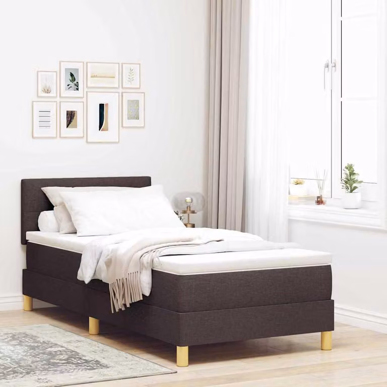 Letto con rete a molle e testiera a LED, colore marrone scuro, dimensioni 100 x 200 cm, rivestito in tessuto