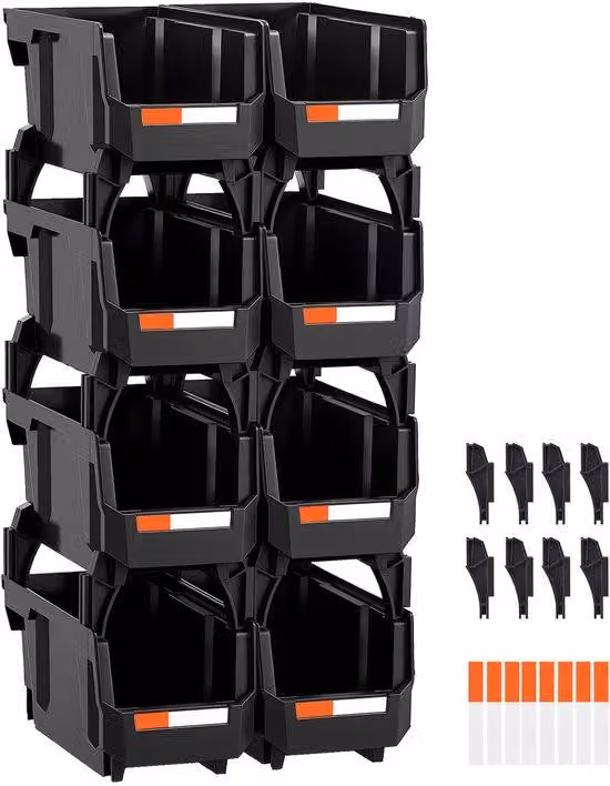 Contenitore impilabile in plastica, 27,7 x 14 x 13 cm, confezione da 8 pezzi, contenitori robusti per l'archiviazione di abbigliamento, articoli da ufficio e piccoli oggetti, colore nero