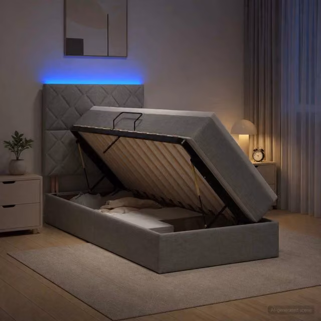 Letto con contenitore e materasso vidaXL in tessuto grigio con illuminazione LED e porte USB, L/P/H: 140 x 200 x 45 cm – 1