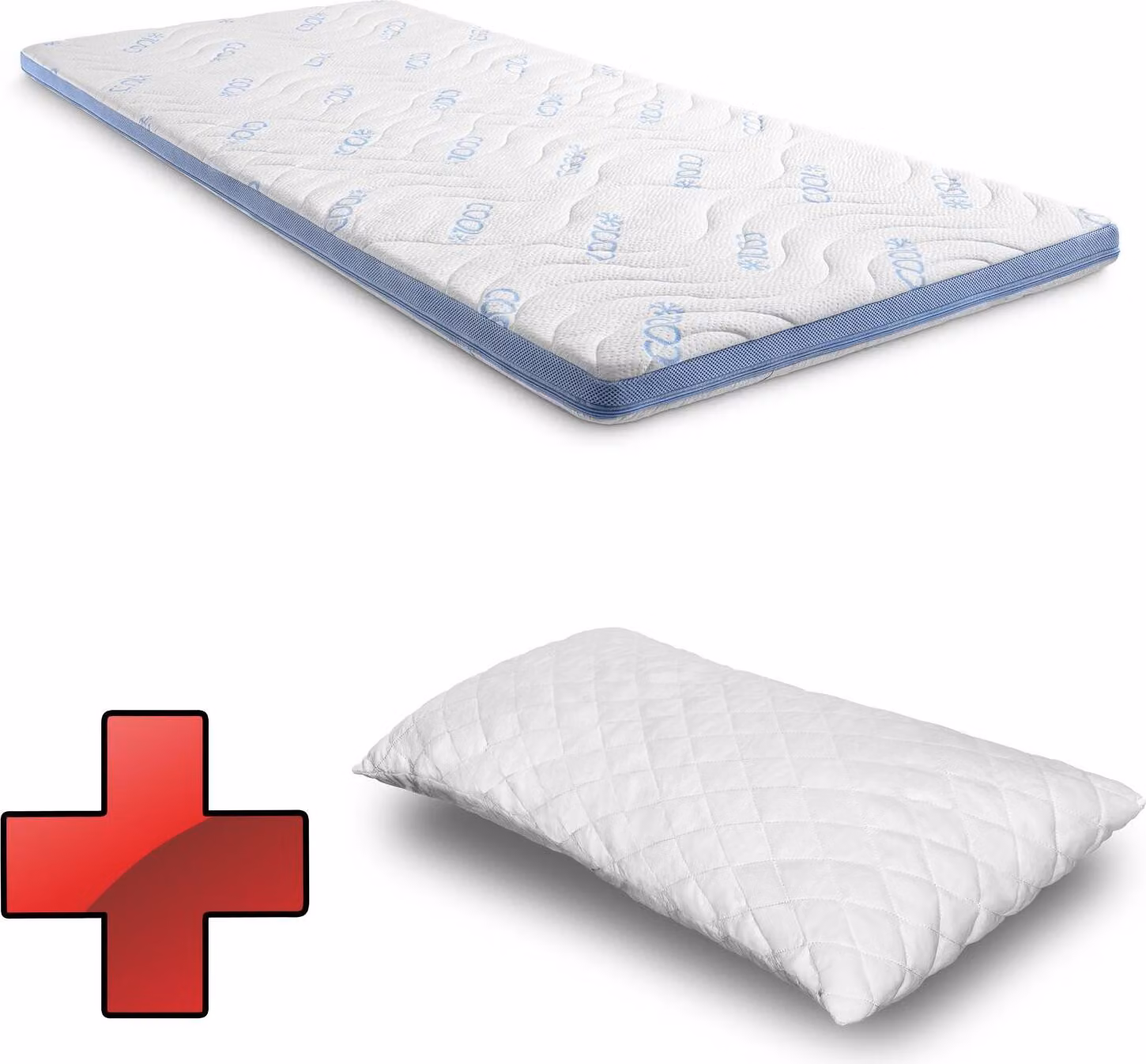 Topper in schiuma fredda CloudComfort Cool 90 x 200 cm H2/H3, altezza 7 cm, livello di compattezza H2/H3, topper a 7 zone con lato estivo e invernale + cuscino in gel-flake CloudComfort Basic 40 x 80 cm