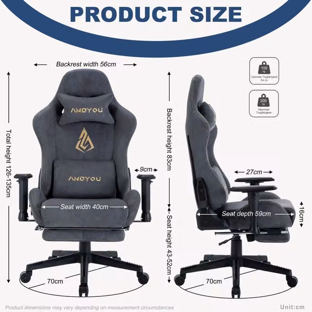 Sedia da Gaming ANDYOU Grigia con Poggiapiedi e Poggiatesta, Seduta Ergonomica Regolabile e Girevole in Tessuto per Casa e Ufficio – 1