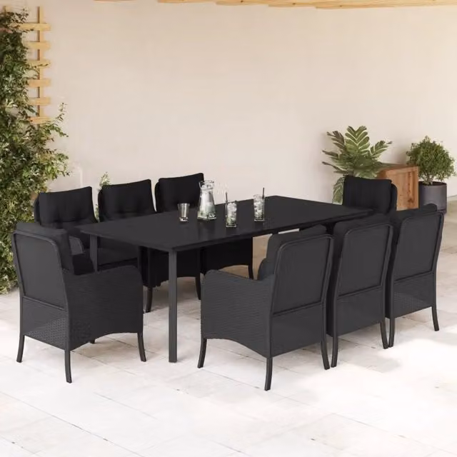 Set da pranzo da giardino vidaXL in polyrattan nero con cuscini e tavolo in vetro, 9 pezzi