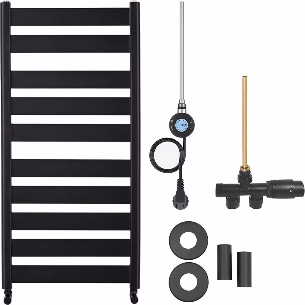 Kit radiatore per bagno Marco - riscaldamento combinato, antenna Wi-Fi - collegamento laterale a un punto - 600W - nero opaco - 1125x550 mm