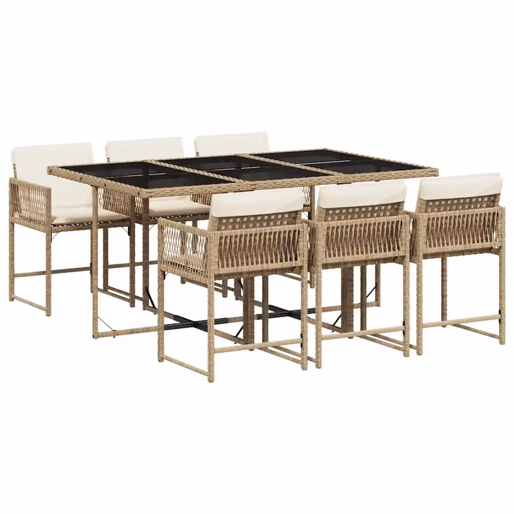 vidaXL Set da Pranzo da Giardino 7 pz in Polyrattan con Cuscini Beige e Tavolo in Vetro – 2