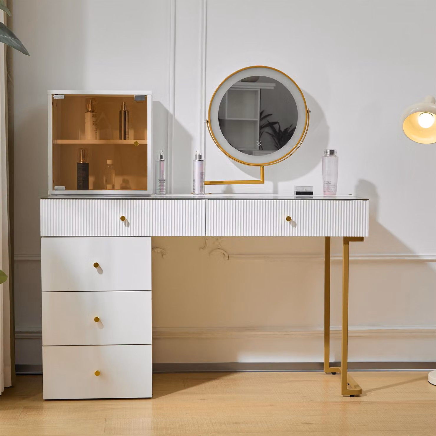 Tavolino da toilette Merax con specchio LED, tavolino cosmetico con piano e mobile trasparente, 120x45x115 cm, protezione antiribaltamento, moderno e stabile
